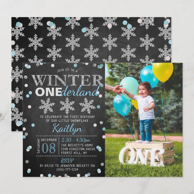 Invitation Hiver ONE derland Chalkboard 1er Anniversaire Phot (Devant / Derrière)