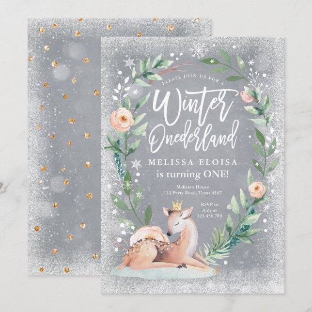 Invitation Hiver ONE derland Floral Silver Woodland Anniversa (Devant / Derrière)