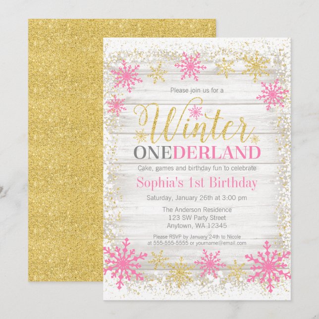 Invitation Hiver ONE derland Neige rose Or 1er anniversaire (Devant / Derrière)