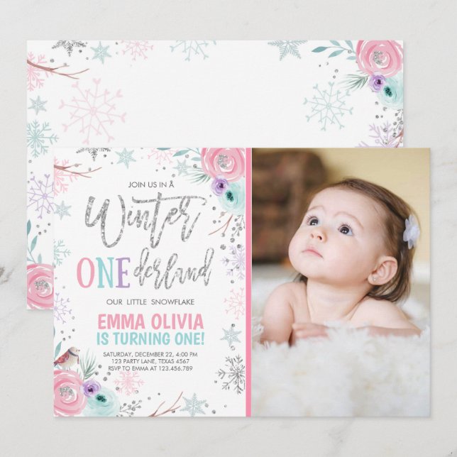 Invitation Hiver ONE derland Pink Silver Photo 1er anniversai (Devant / Derrière)
