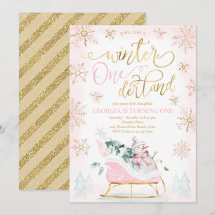 Invitation Hiver ONE derland Pink Winter Sleigh 1er anniversa