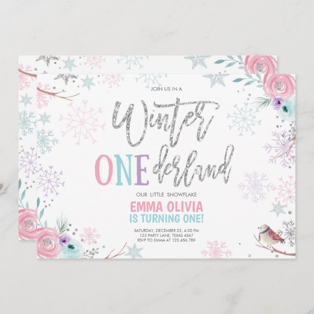 Invitation Hiver ONE derland rose argent fleuri 1er anniversa (Devant / Derrière)