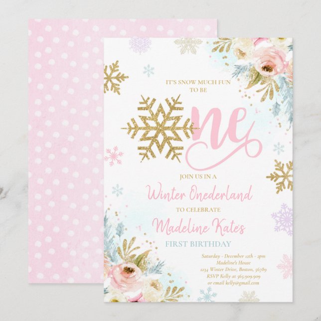 Invitation Hiver ONE derland Rose & Or Floral 1er anniversair (Devant / Derrière)