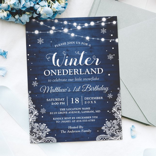 Invitation Hiver ONE derland Rustic Blue Baby Premier anniver (Créateur téléchargé)