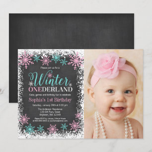 Invitation Hiver ONE derland Turquoise Chalkboard 1er anniver