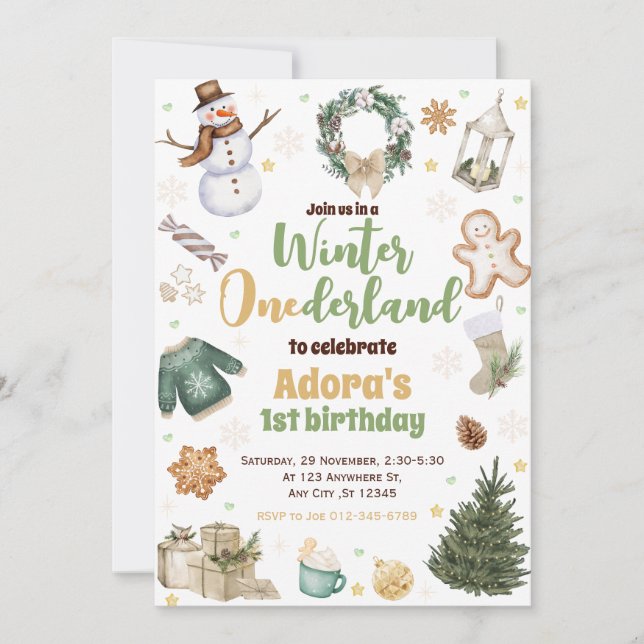 Invitation Hiver ONE derland Vert Noël Anniversaire Invitatio (Devant)