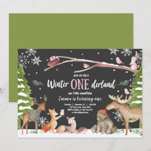 Invitation Hiver ONE derland Woodland Pink Anniversaire