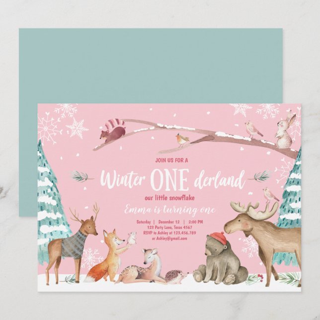 Invitation Hiver ONE derland Woodland Pink Anniversaire (Devant / Derrière)