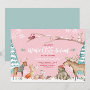 Invitation Hiver ONE derland Woodland Pink Anniversaire
