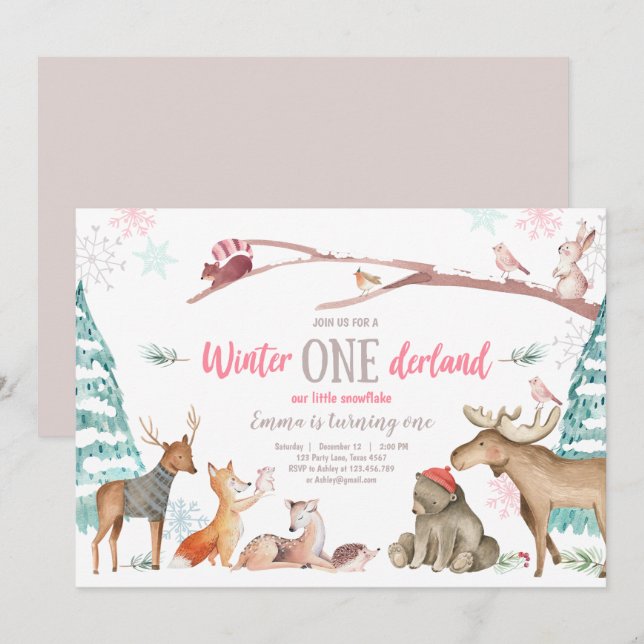 Invitation Hiver ONE derland Woodland Pink Anniversaire (Devant / Derrière)