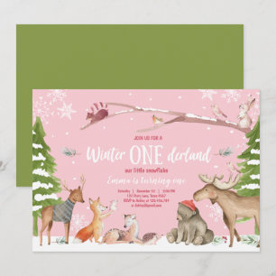 Invitation Hiver ONE derland Woodland Pink Anniversaire