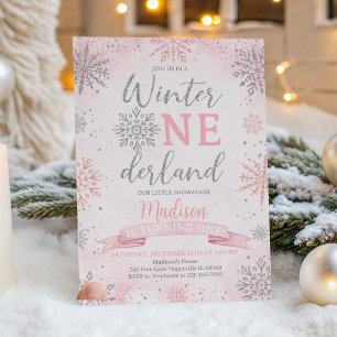 Invitation Hiver ONEdeland Flocons de Neige Rose Argent Anniv