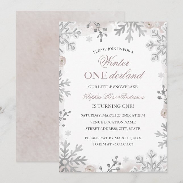 Invitation Hiver Onederland 1er Anniversaire Flocon de neige  (Devant / Derrière)