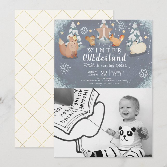 Invitation Hiver Onederland Animaux Photo 1er anniversaire (Devant / Derrière)