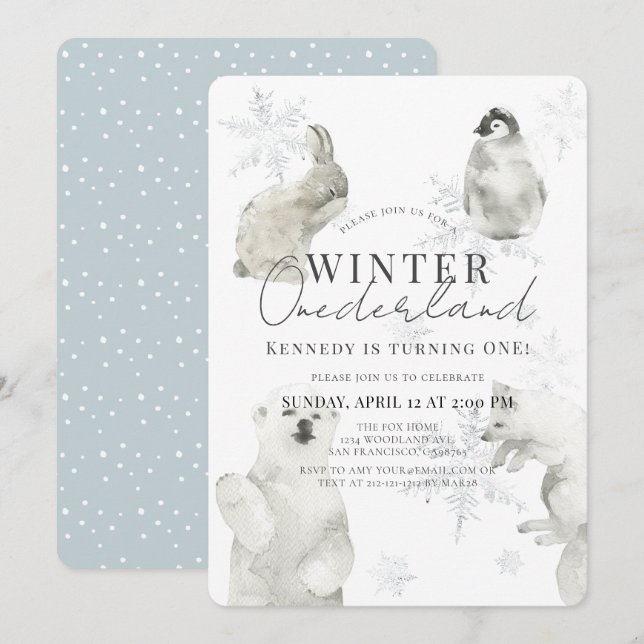 Invitation Hiver Onederland Arctic Animaux Garçon 1er anniver (Devant / Derrière)