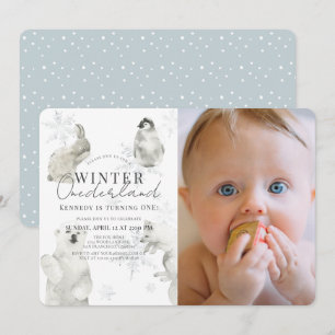 Invitation Hiver Onederland Arctic Animaux Garçon 1er anniver
