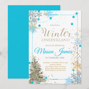 Invitation HIVER ONEderland Argent Bleu & Or 1er anniversaire