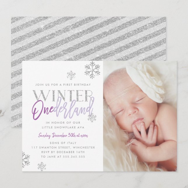 Invitation Hiver ONEderland Argent violet 1er anniversaire Ph (Devant / Derrière)