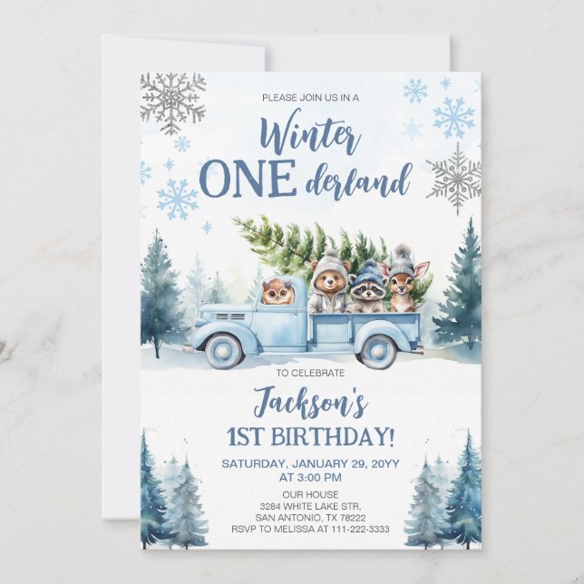 Invitation Hiver Onederland Bois Animaux 1er anniversaire (Devant)