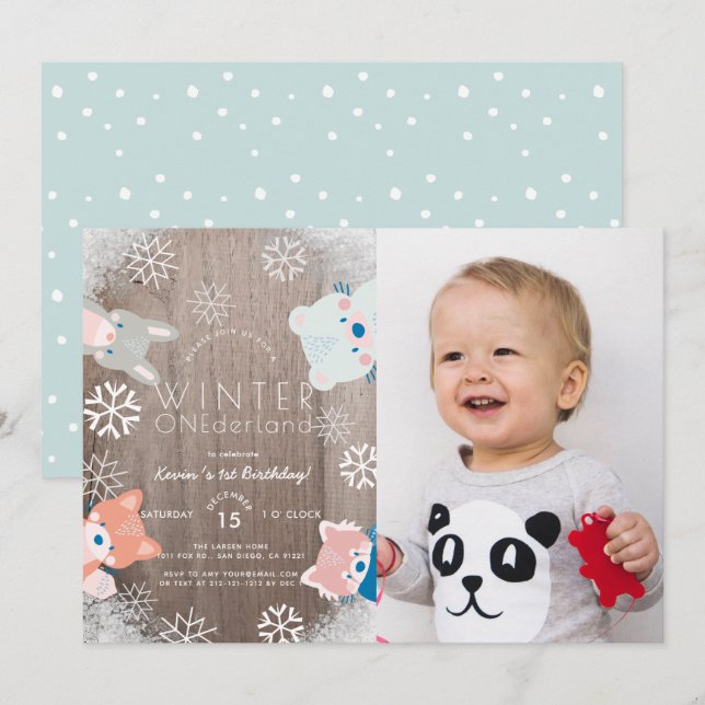 Invitation Hiver Onederland Bois Animaux Photo Anniversaire (Devant / Derrière)