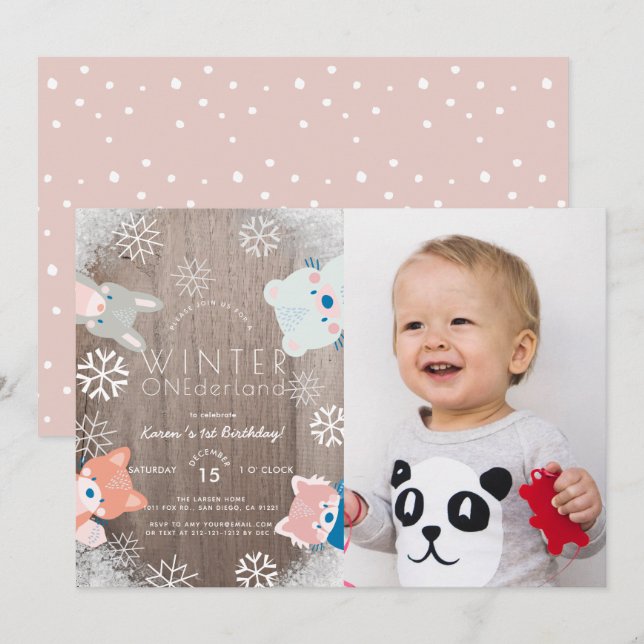 Invitation Hiver Onederland Bois Animaux Photo Anniversaire (Devant / Derrière)