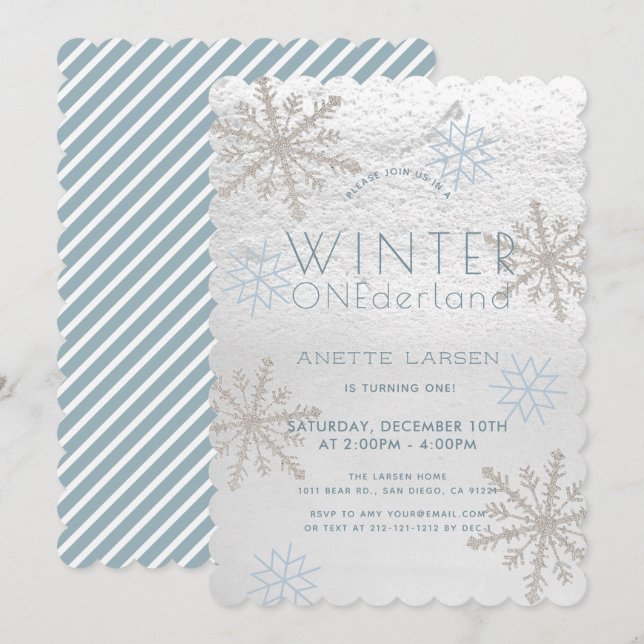 Invitation Hiver Onederland Flocon de neige Bleu 1er annivers (Devant / Derrière)