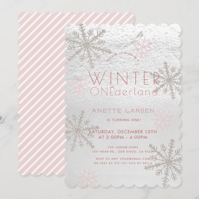Invitation Hiver Onederland Flocon de neige rose 1er annivers (Devant / Derrière)