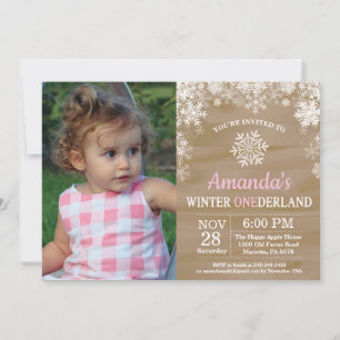 Invitation Hiver Onederland Flocon de Neige Rose Fille 1er An