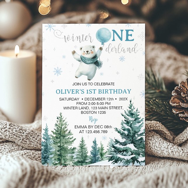 Invitation Hiver Onederland Ours polaire 1er anniversaire (Créateur téléchargé)