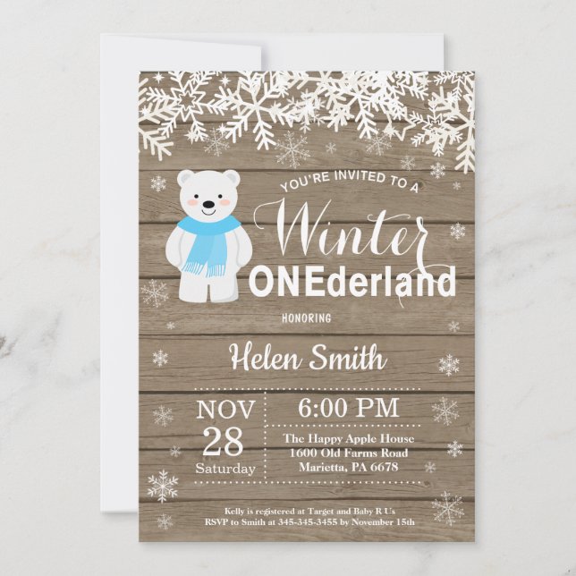 Invitation Hiver Onederland Ours Polaire Garçon 1er anniversa (Devant)