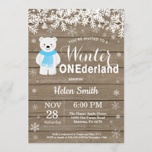 Invitation Hiver Onederland Ours Polaire Garçon 1er anniversa