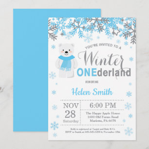 Invitation Hiver Onederland Ours Polaire Garçon 1er anniversa