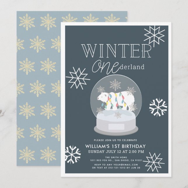 Invitation Hiver Onederland Ours polaire Marine 1er anniversa (Devant / Derrière)