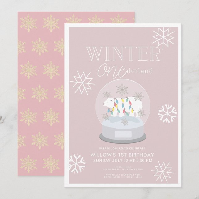 Invitation Hiver Onederland Ours polaire rose 1er anniversair (Devant / Derrière)