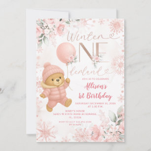 Invitation Hiver ONEderland ours rose ballon 1er anniversaire