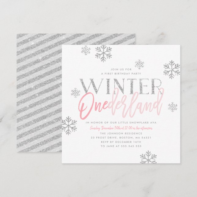 Invitation Hiver ONEderland Parties scintillant d'argent rose (Devant / Derrière)