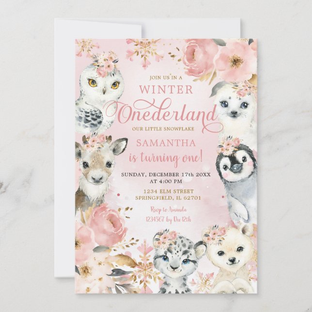 Invitation Hiver Onederland Pink Arctic Animaux Anniversaire (Devant)