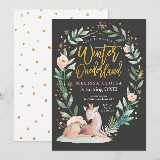 Invitation Hiver ONEderland Pink Gold Boodland Deer Anniversa (Devant / Derrière)