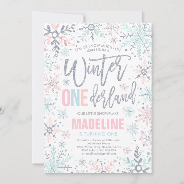 Invitation Hiver ONEderland Pink Silver Snowflake Anniversair (Devant)