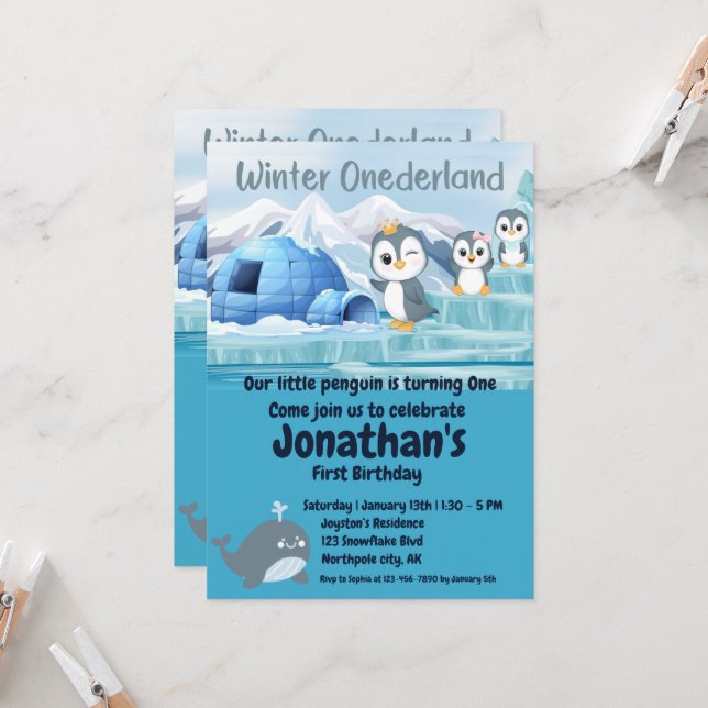 Invitation Hiver Onederland Premier anniversaire mignon Pengu (Devant/Arrière en situation)