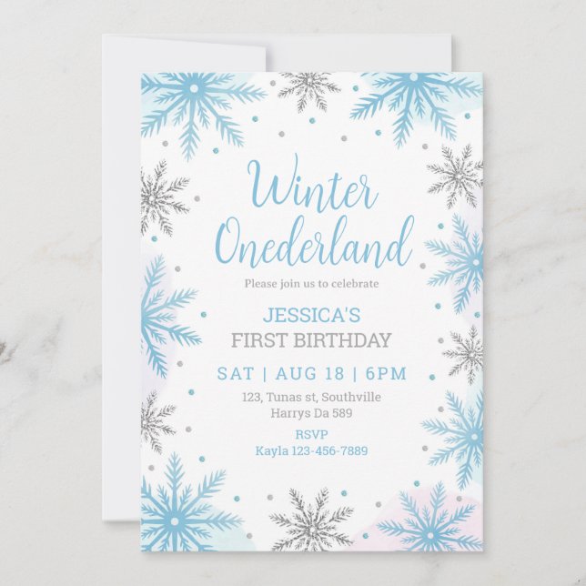 Invitation Hiver Onederland Premier anniversaire Snowflakes (Devant)