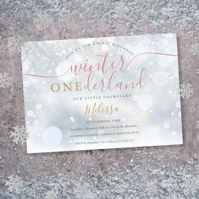 Invitation Hiver Onederland Rose et or 1er anniversaire (Winter Onederland Pink And Gold 1st Birthday Invitation)