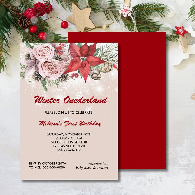 Invitation hiver onederland rose floral poinsettia rouge (Créateur téléchargé)