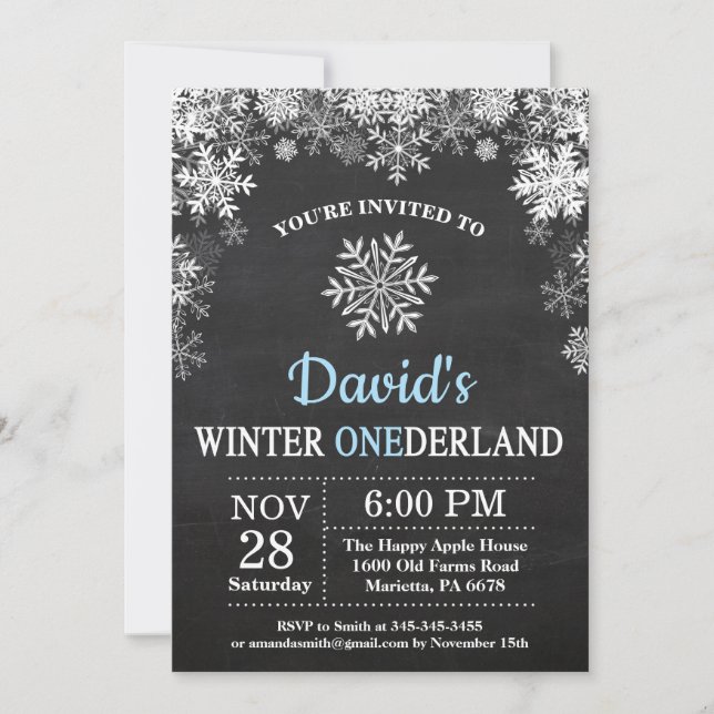 Invitation Hiver Onederland Snowflake Blue Boy 1er Anniversai (Devant)