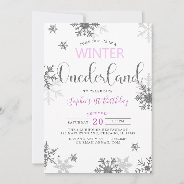 Invitation Hiver Onederland Snowflakes Premier anniversaire (Devant)