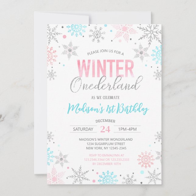 Invitation Hiver Onederland Snowflakes Premier anniversaire (Devant)