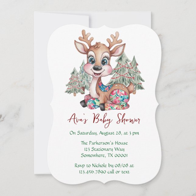 Invitation Hiver Petit renne Baby shower à écaille cousue (Devant)