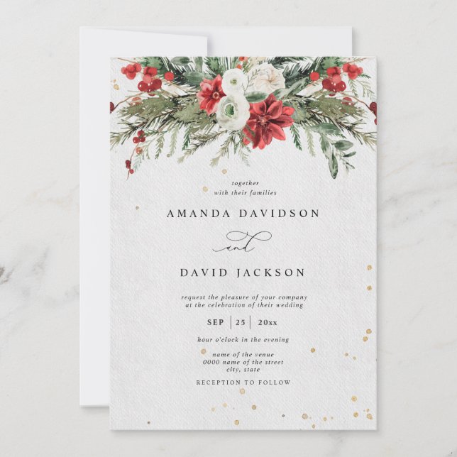 Invitation Hiver Pin rustique Verdure Baies rouges Mariage (Devant)