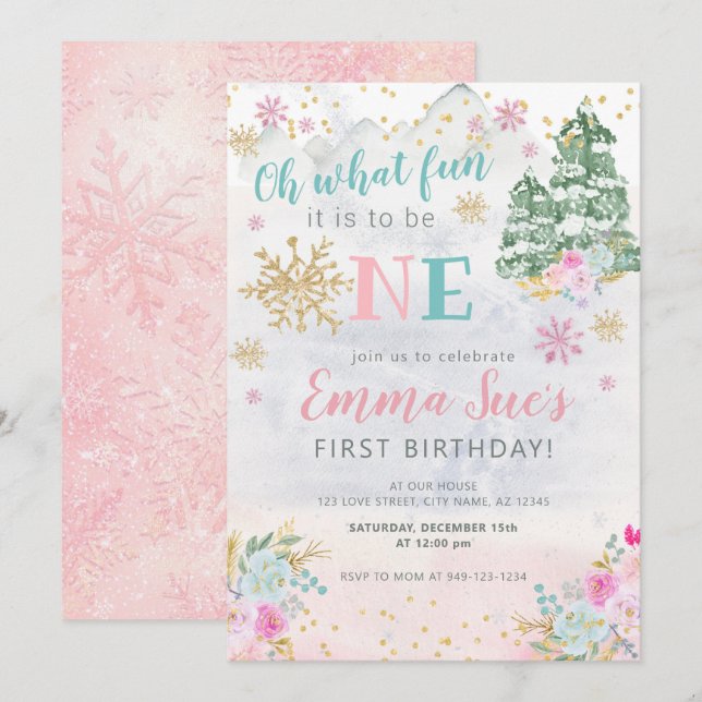 Invitation Hiver Pink Snowflake Oh Quel plaisir Premier Anniv (Devant / Derrière)