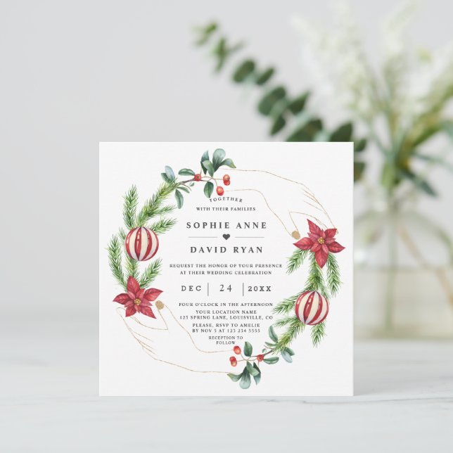 Invitation Hiver Poinsettia Pine Berry Mariage de Noël (Debout devant)